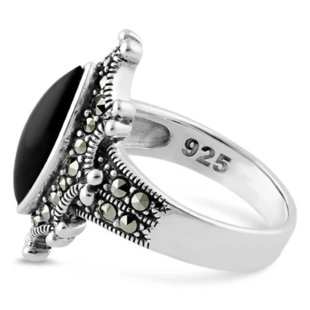 925 STERLING SILVER Marquise Black Onyx & Marcasite Ring - Picture 15 of 16